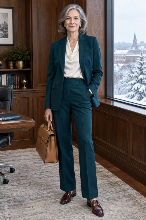Teal Suit with Ivory Blouse A deep teal suit is worn with an ivory draped blouse, burgundy loafers, and a tan handbag.