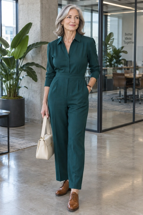 A teal collared jumpsuit with a defined waist is paired with brown lace-up shoes, a cream handbag, and small gold earrings.