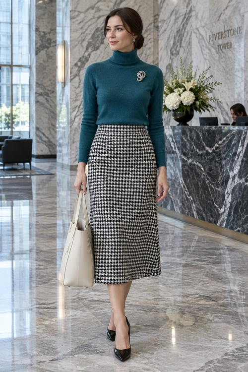 Teal Turtleneck and Houndstooth Skirt A teal turtleneck with a brooch is paired with a black-and-white houndstooth midi skirt, black heels, and a cream tote.