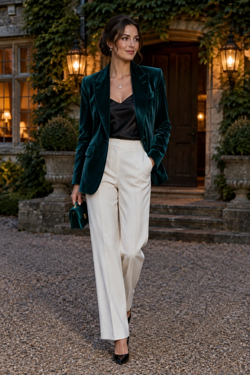 Teal Velvet Blazer Outfit A teal velvet blazer is worn over a black top with cream trousers, black pointed heels, a small teal clutch, and a pendant necklace.