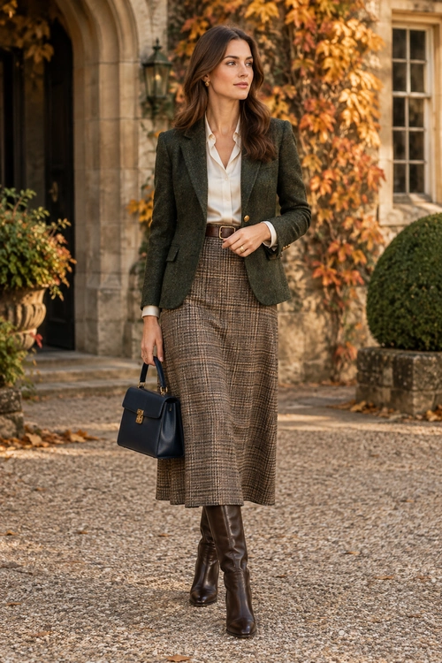 Classic Tweed Blazer and Plaid Skirt An olive tweed blazer and white blouse paired with a brown plaid midi skirt, knee-high boots, and a navy handbag.