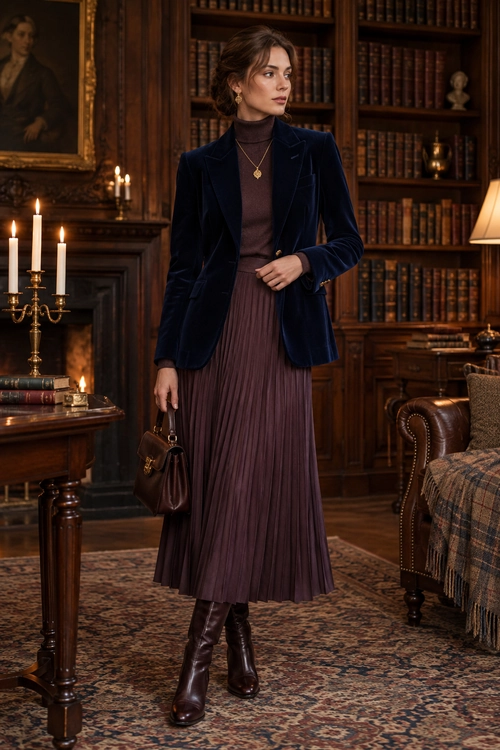 A navy velvet blazer and plum turtleneck are paired with a pleated skirt, knee-high boots, and a brown handbag.