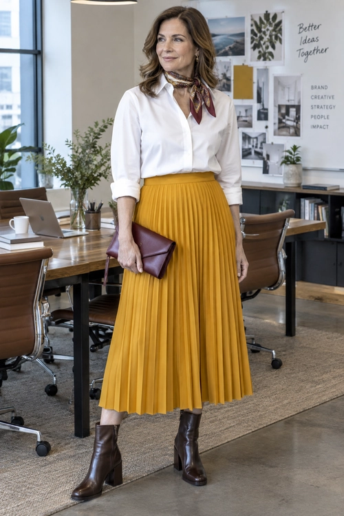 White Blouse and Mustard Pleated Skirt A white button-front blouse and mustard pleated skirt are styled with a patterned neck scarf, burgundy clutch, and brown leather boots.