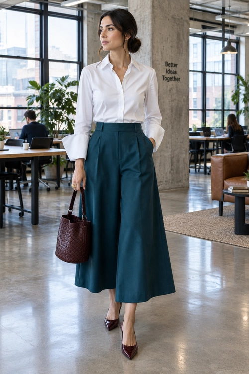 A white button-front blouse is tucked into teal wide-leg trousers, paired with burgundy pointed-toe heels and a woven burgundy handbag.