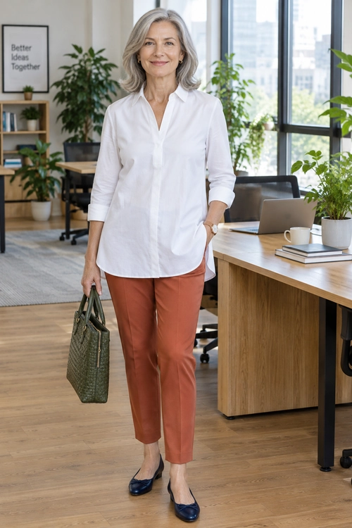 A white button-front shirt with rust-colored ankle trousers, navy flats, and a dark green tote.