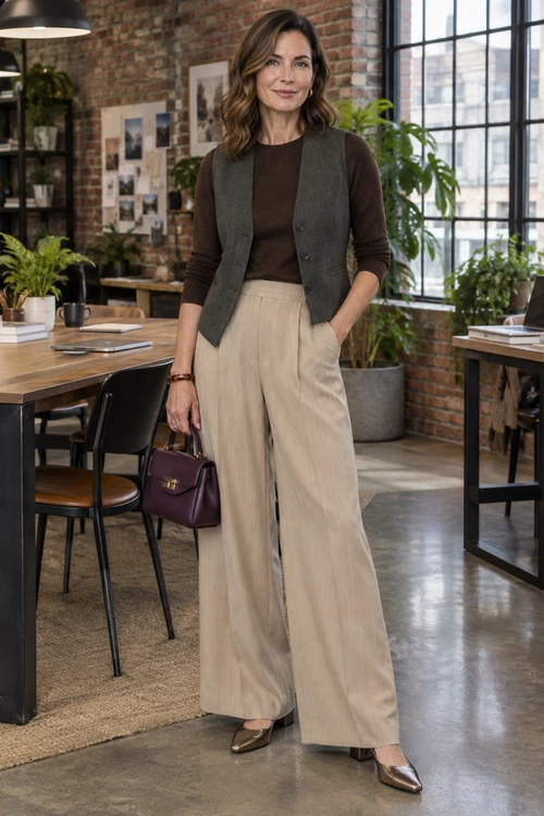 A dark brown long-sleeve top and buttoned charcoal vest paired with beige wide-leg trousers, pointed brown shoes, and a burgundy handbag.
