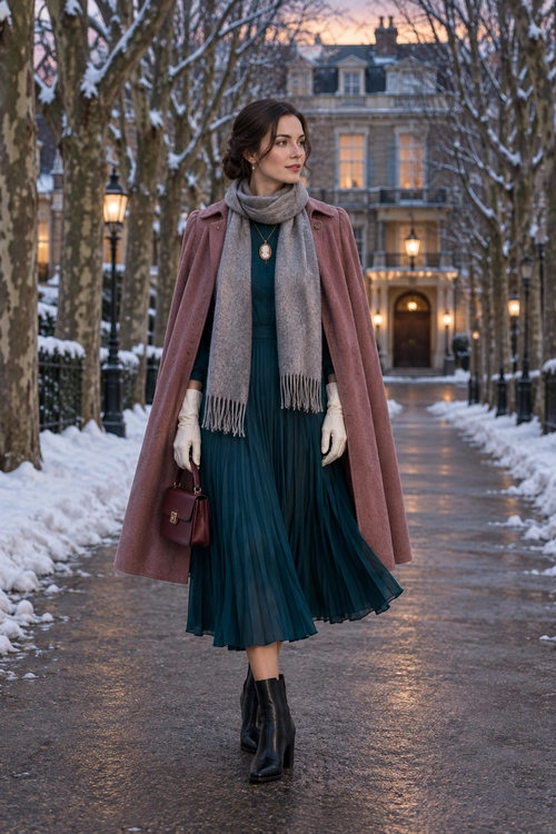 A teal pleated midi dress is layered with a dusty rose coat, gray scarf, cream gloves, black ankle boots, pendant necklace, and burgundy handbag.