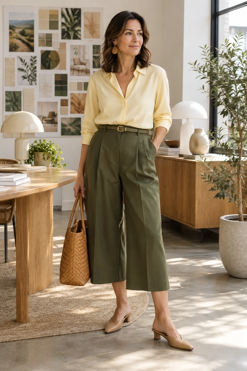 Yellow Blouse and Olive Trousers A pale yellow blouse is tucked into olive cropped wide-leg trousers with a brown belt, tan shoes, a woven tote, and gold earrings.