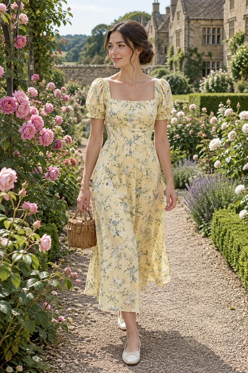 A pale yellow floral dress with puff sleeves and a square neckline, paired with white flats and a woven basket bag.