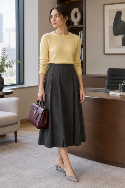 A pale yellow crewneck sweater is paired with a charcoal midi skirt, gray pointed slingback heels, and a burgundy top-handle bag.